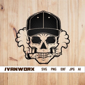 May include: Black and white illustration of a skull wearing a baseball cap and smoking a cigarette. The skull has a large, toothy grin and is surrounded by smoke.