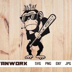 Könnte beinhalten: Eine Schwarzweißillustration eines Affen mit Sonnenbrille und Krone, der einen Baseballschläger hält. Der Affe hat eine Zigarette im Mund.