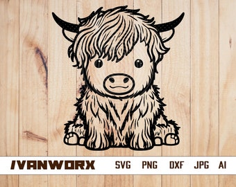 かわいいハイランド牛が座っている SVG PNG | ハイランド牛 SVG | 牛 SVG | かわいい牛 SVG | 赤ちゃん牛 SVG | ハイランド牛のクリップアート ベクター CuttingFile Png