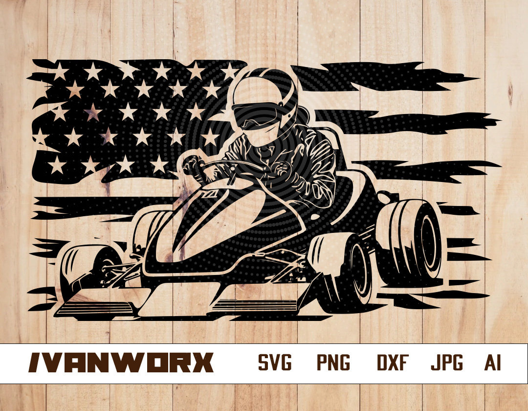 US Kart Svg | US Go Kart Clipart | Distressed Flag Cut File | Extreme Sports Stencil | Go Kart T-shirt Design | US Flag Dxf | Race Kart Png