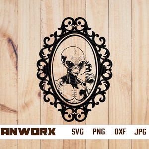 May include: A black and white illustration of an alien smoking a cigarette inside an ornate frame. The alien has large eyes and a pointed head.