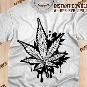 May include: Black and white graphic design of a marijuana leaf with dripping paint. The design is on a gray t-shirt.