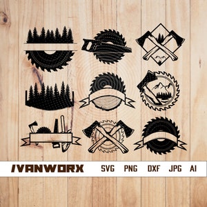 May include: A set of nine black and white SVG cut files featuring a variety of designs with a woodsy theme. The designs include a saw blade, crossed axes, a forest silhouette, and a saw blade with a banner. The text "IVANWORX" is at the bottom of the image, along with the file types SVG, PNG, DXF, JPG, and AI.