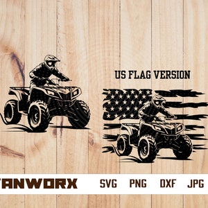 Könnte beinhalten: Zwei Schwarzweißillustrationen einer Person, die ein ATV fährt. Das erste Bild zeigt das ATV allein. Das zweite Bild zeigt das ATV, das über eine zerfetzte amerikanische Flagge fährt. Der Text "US FLAG VERSION" befindet sich über dem zweiten Bild.