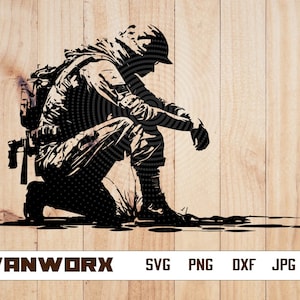 Soldier Kneeling SVG | Army SVG | Military T-Shirt Decals Sticker Crafts Illustration | Cricut Cutting File Clip Art Digital Png Eps Dxf Ai
