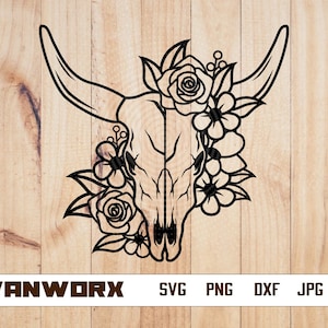 Cow Skull svg | Wild Animal Clipart | Angry Bull Stencil | Long Horn Cut File | Boho Cow&#39;s Head dxf | Ranch Pet Cutfile | Western Monogram