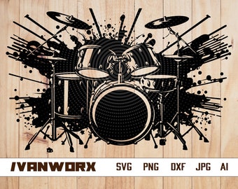 Drum Set Svg | Drum Clipart | Percussion Instrument Cut File | Drumming Stencil | Drummer T-shirt Design | Drum Beat Dxf | Cymbals Png