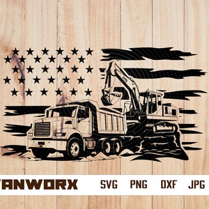 May include: Black and white illustration of a dump truck and an excavator in front of an American flag. The flag is made of black and white stripes with a field of stars.