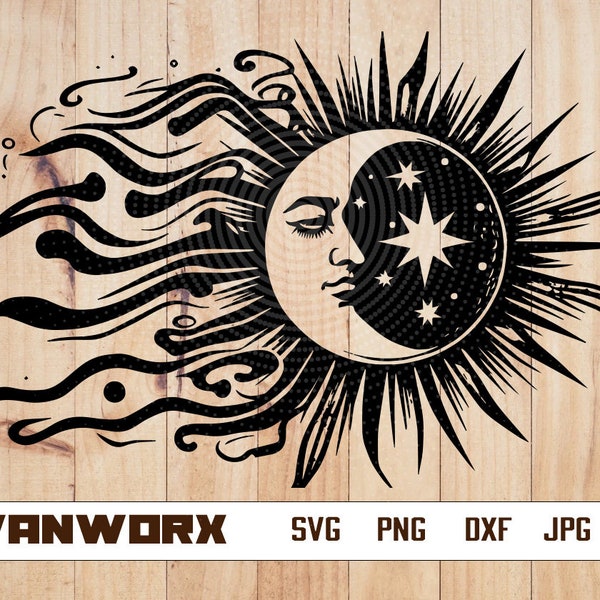 SUN and MOON SVG | Celestial Svg | Moon phases | Mystical Svg | Sun face | Stars | Boho | Sun and Moon Svg files for cricut | Png Dxf Eps