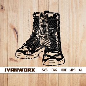 Combat boots svg, military gear clipart, soldier shoes stencil, veteran dad gift idea, Boots with Dog tag shirt design, us army cut file,