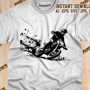 May include: Black and white silhouette of a motocross rider on a dirt bike, with a splash of black paint behind them.