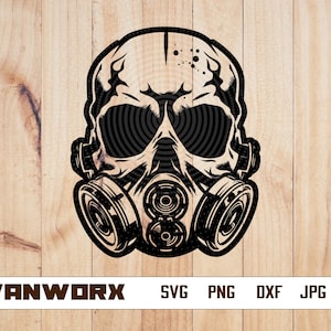 May include: Black and white graphic of a skull wearing a gas mask. The skull has detailed shading and circular patterns in the eye sockets. The gas mask features circular filters and intricate details. The image includes the text "IVANWORX" and file type abbreviations.