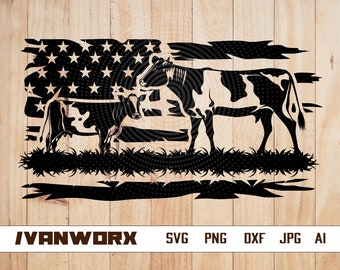 US Cow & Calf Svg / Calf Clipart / Archivo de corte de ganado / Plantilla de animales de granja / Diseño de camiseta de ganado lechero / Dxf de vaca de granja / Png de animales de granja