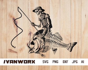 Fisherman Riding Fish Skeleton SVG | Funny Fishing SVG T-Shirt Design | Fishing svg | Cricut Cut Files Clip Art Vector Digital Dxf Png Eps