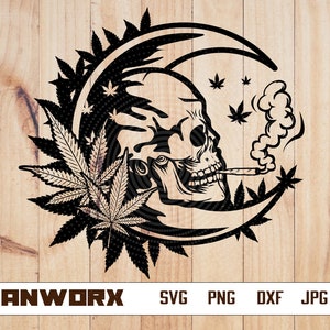 May include: Black and white vector illustration of a skull smoking a joint, surrounded by marijuana leaves and a crescent moon.