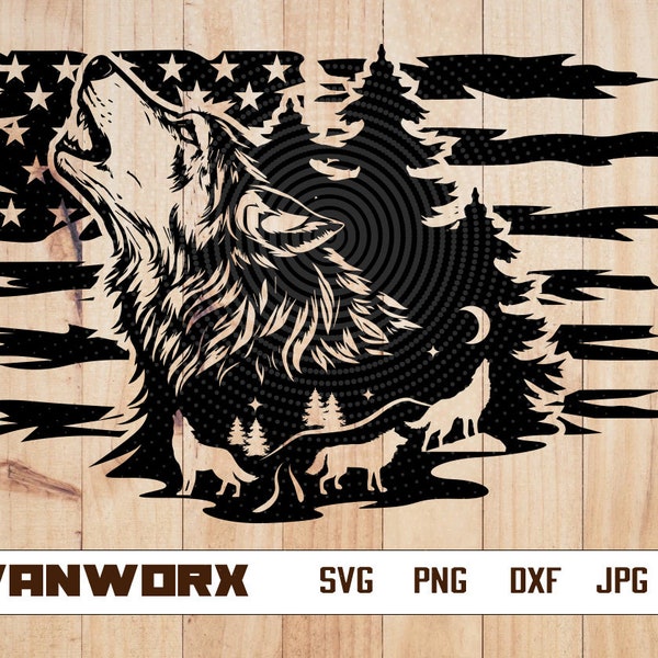 US Flag Wolf Scene svg | Outdoor Clipart | Wolf Shirts png | Camp Life Cut File | Mountain Adventure dxf | Wilderness jpg | Howling Wild dxf