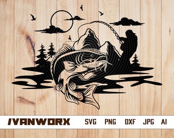 Catfish outdoor fishing scene svg | Catfish clipart | Catfish T-shirt Design | Big catch cut file | Catfish Scene png | Lake fishing svg