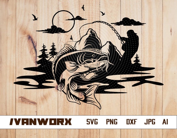 Catfish outdoor fishing scene svg | Catfish clipart | Catfish T-shirt Design | Big catch cut file | Catfish Scene png | Lake fishing svg