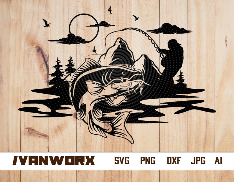 May include: Black and white silhouette of a fisherman casting a line with a large catfish jumping out of the water. The scene is set against a mountain backdrop with a full moon in the sky.