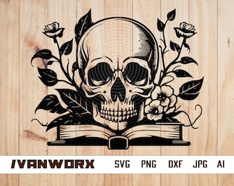Book With Skull Floral Svg | Floral Skull Clipart | Skull Cut File | Floral Skull Stencil | Book Skull T-shirt Design | Skull Dxf | Book Png