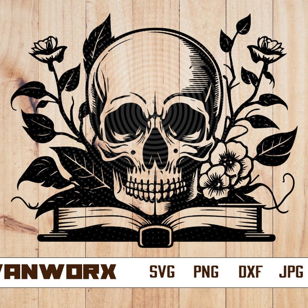 Book With Skull Floral Svg | Floral Skull Clipart | Skull Cut File | Floral Skull Stencil | Book Skull T-shirt Design | Skull Dxf | Book Png