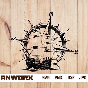 May include: A black and white illustration of a ship sailing on a compass rose. The compass rose has the cardinal directions N, S, E, and W.