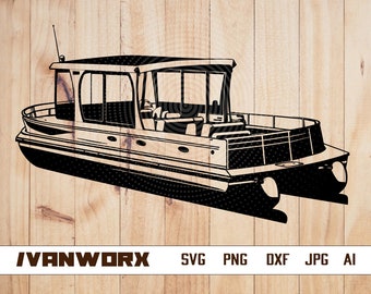 Pontoon Boat SVG | Pontoon Boat Outline SVG | Pontoon Boat Clipart | Pontoon Boat Files for Cricut | Cut Files For Silhouette | Dxf Png Eps