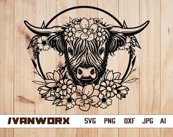 Floral cow svg | Highland cow svg | Highland cow png | Highland cow | Cow Cut file | Cow clipart | Cow dxf | Cow Stencil | Cow Floral svg