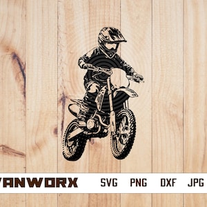 May include: Black and white silhouette of a motocross rider wearing a helmet and riding a dirt bike.