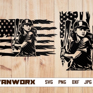 May include: A black and white illustration of a woman holding a baseball bat in front of an American flag. The woman is wearing a baseball cap and a jersey.