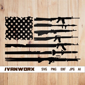 May include: A black and white silhouette of an American flag with various firearms layered over the stripes. The flag is distressed and has a grunge effect. The text "IVANWORX" is at the bottom left of the image. The text "SVG PNG DXF JPG AI" is at the bottom right of the image.