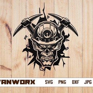May include: Black and white illustration of a skull wearing a miner's helmet with a pickaxe on each side. The skull is breaking through a wall of wood.