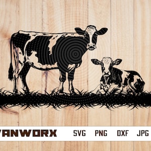 Koe & kalf Svg | Kalf Clipart | Vee gesneden bestand | Boerderij scène SVG | Ontwerp van het T-shirt voor melkvee | Vaarzen Dxf | Boerderijdieren png | Koe-svg