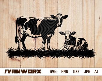 Vaca y becerro Svg / Becerro Clipart / Archivo de corte de ganado / Escena de granja svg / Diseño de camiseta de ganado lechero / Novillas Dxf / Animal de granja Png / Vaca svg