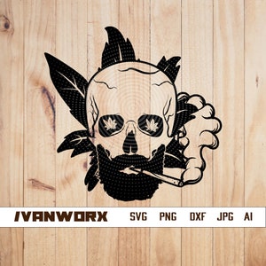 May include: Black and white illustration of a skull with a beard and marijuana leaves in its eye sockets. The skull is smoking a joint and surrounded by marijuana leaves.