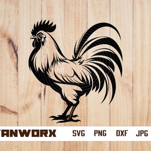 May include: Black and white silhouette of a rooster with a large, detailed comb and wattles. The rooster is facing left and has a long, flowing tail.