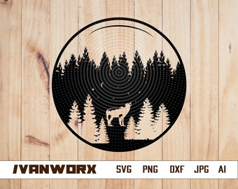Wolf Svg | Howling Wolf Clipart | Night Wolf Cut File | Wolf Night Scene Stencil | Beast Animal shirt Design | Outdoor Dxf | Wild Beast Png