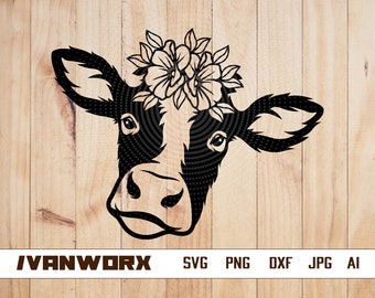 Linda vaca svg / floral vaca clipart / archivo de corte de animales de granja / plantilla de vaquilla / diseño de camiseta de cara de vaca / cabeza de vaca bebé Dxf / archivo svg de vida de granja