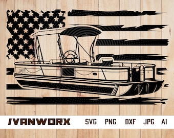 US Pontoon Boat SVG | Pontoon Boat Outline SVG | Pontoon Boat Clipart | Pontoon Boat Files for Cricut | Cut Files For Silhouette | Dxf Png