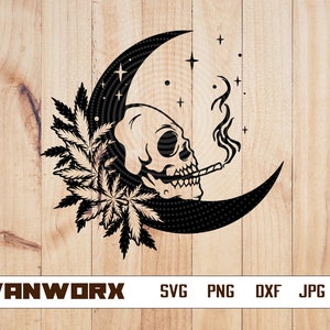 Könnte beinhalten: Schwarz-weiß-Illustration eines Schädels, der eine Zigarette in einem Halbmond raucht, mit einem Marihuanablatt an der Seite.