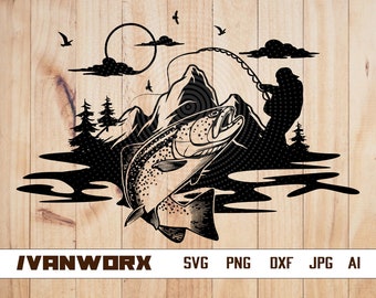 Trout fish svg | River fishing clipart | Fresh water stencil | Trout Fish png | Fishing day t-shirt design png | Lake fish cut file | Fish