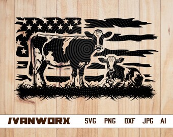 EE.UU. Vaca y becerro Svg / Becerro Clipart / Archivo de corte de ganado / Escena de granja svg / Diseño de camiseta de ganado lechero / Novillas Dxf / Animal de granja Png / Vaca svg