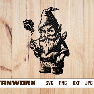 May include: A black and white illustration of a gnome smoking a pipe. The gnome is wearing a pointed hat and has a long beard. The gnome is holding a pipe in one hand and a small object in the other.