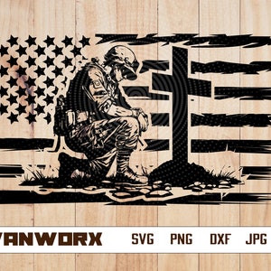US Soldier Kneeling Praying at Memorial Cross Svg | Fallen Soldier Svg | Kneeling at Memorial Svg | Soldier Kneeling Praying | Cut Files