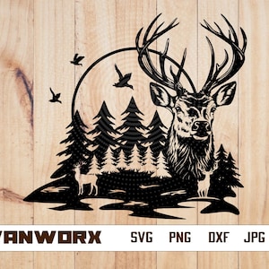 Elk Deer Scene Svg | Antler Hunter Clipart | US Outdoor Hunting Cut File | Stag Stencil | Elk Deer Family Hunter shirt Design | Dxf | Png