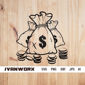 Borsa dei soldi Svg / Bag Money Bundle Clipart / Money bag Stack Cut File / Dollar bag Stencil / Money T-shirt Design / bag Dxf / Dollar Png