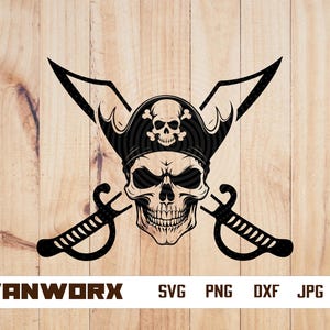 Teschio pirata con spada Svg / Clipart pirata / Vettore pirata / Svg pirata / Teschio Svg / File Png DXF Jpg Eps per Cricut Silhouette stampabile
