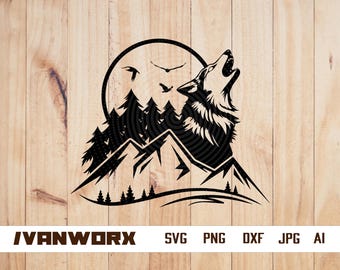 Howling Wolf Scene svg | Outdoor clipart | Wolf Scene png | Camping Scene dxf | Camper Cutfile | Forest Wild Life Stencil | Wolves Pack jpeg