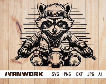 Raccoon on Bike svg | Sports Animal Clipart | Trash Panda Stencil | Trashy Street Cat Cutfile | Woodland Biker Zoo Crew dxf | Zookeeper png