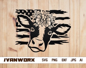 Vaca linda estadounidense Svg / Clipart de vaca floral / Archivo de corte de animal de granja / Plantilla de vaquilla / Diseño de camiseta con cara de vaca / Cabeza de vaca bebé Dxf / Vida en la granja Svg